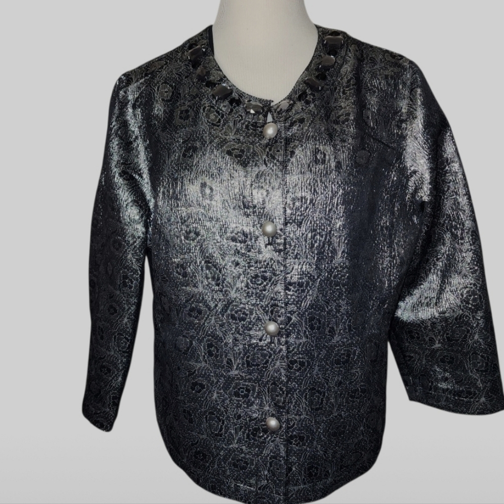 Vtg 80s Metallic Silver Beaded Button Cropped Womens Sz 14 Jacket Dressy Classic